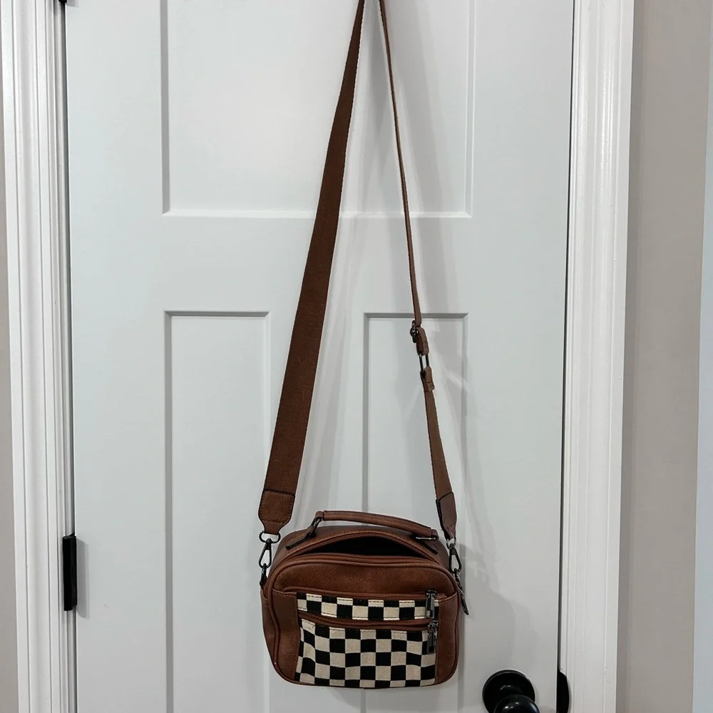 Brown Checkered Women's Crossbody Bag - Picture 1 of 10